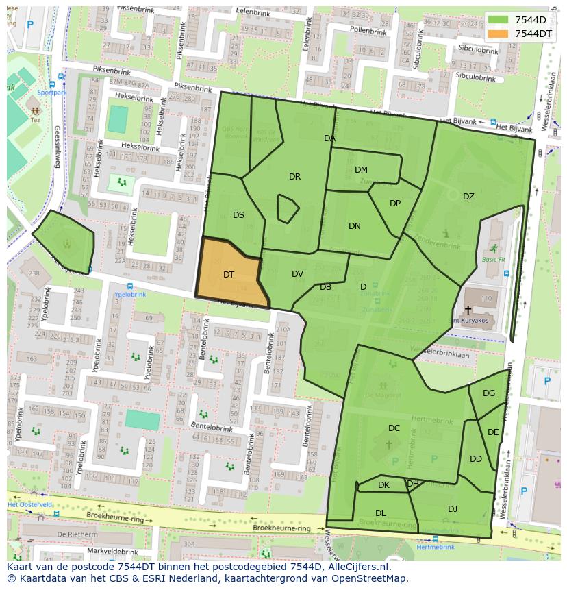 Afbeelding van het postcodegebied 7544 DT op de kaart.
