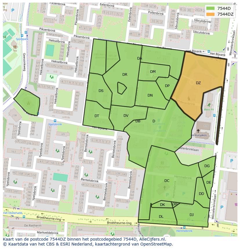 Afbeelding van het postcodegebied 7544 DZ op de kaart.