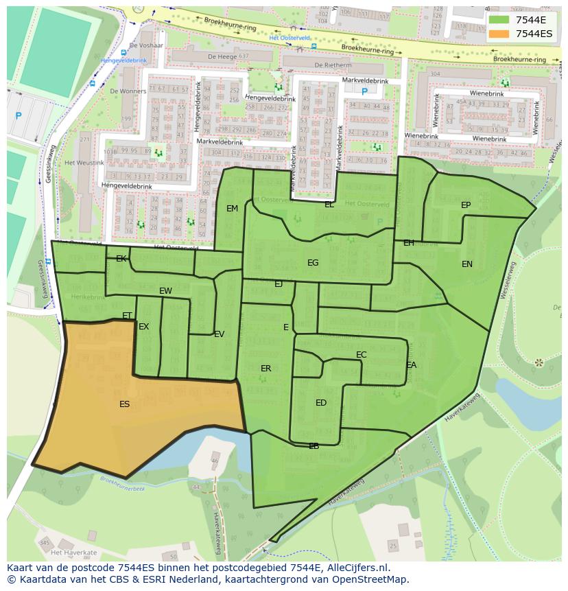 Afbeelding van het postcodegebied 7544 ES op de kaart.