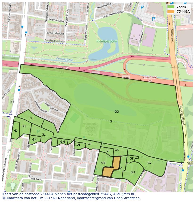 Afbeelding van het postcodegebied 7544 GA op de kaart.