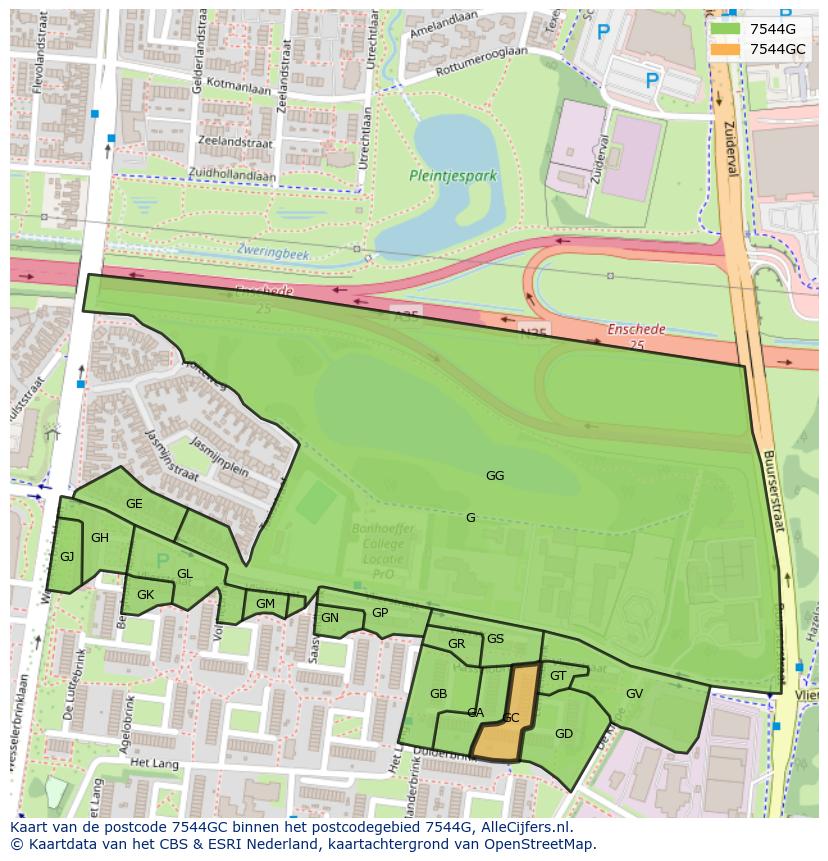 Afbeelding van het postcodegebied 7544 GC op de kaart.