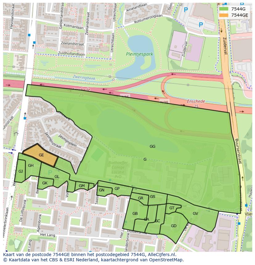 Afbeelding van het postcodegebied 7544 GE op de kaart.