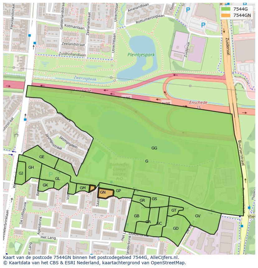 Afbeelding van het postcodegebied 7544 GN op de kaart.
