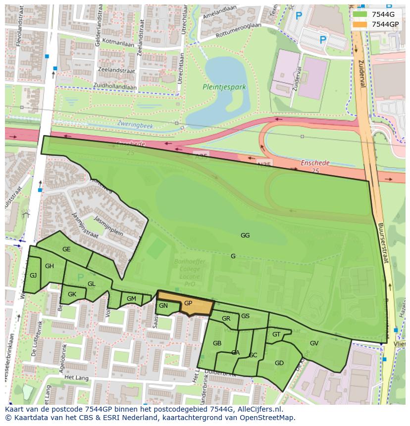 Afbeelding van het postcodegebied 7544 GP op de kaart.