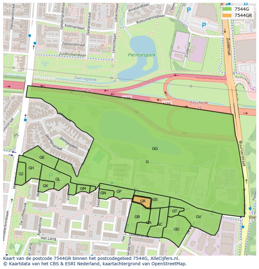Afbeelding van het postcodegebied 7544 GR op de kaart.