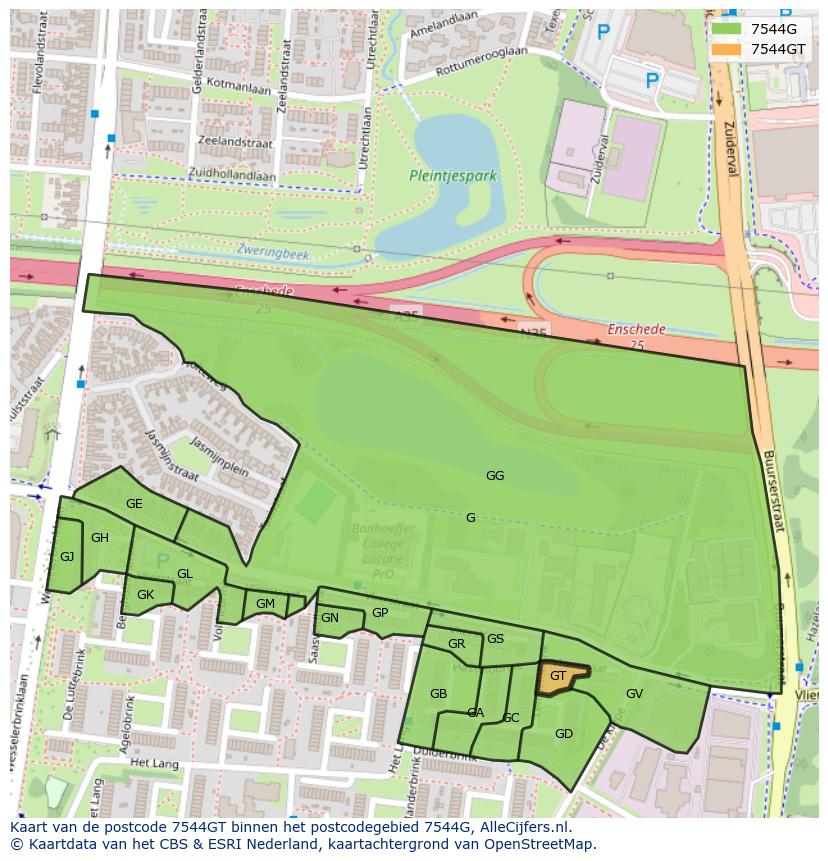 Afbeelding van het postcodegebied 7544 GT op de kaart.