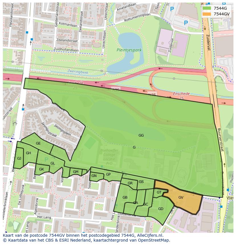Afbeelding van het postcodegebied 7544 GV op de kaart.