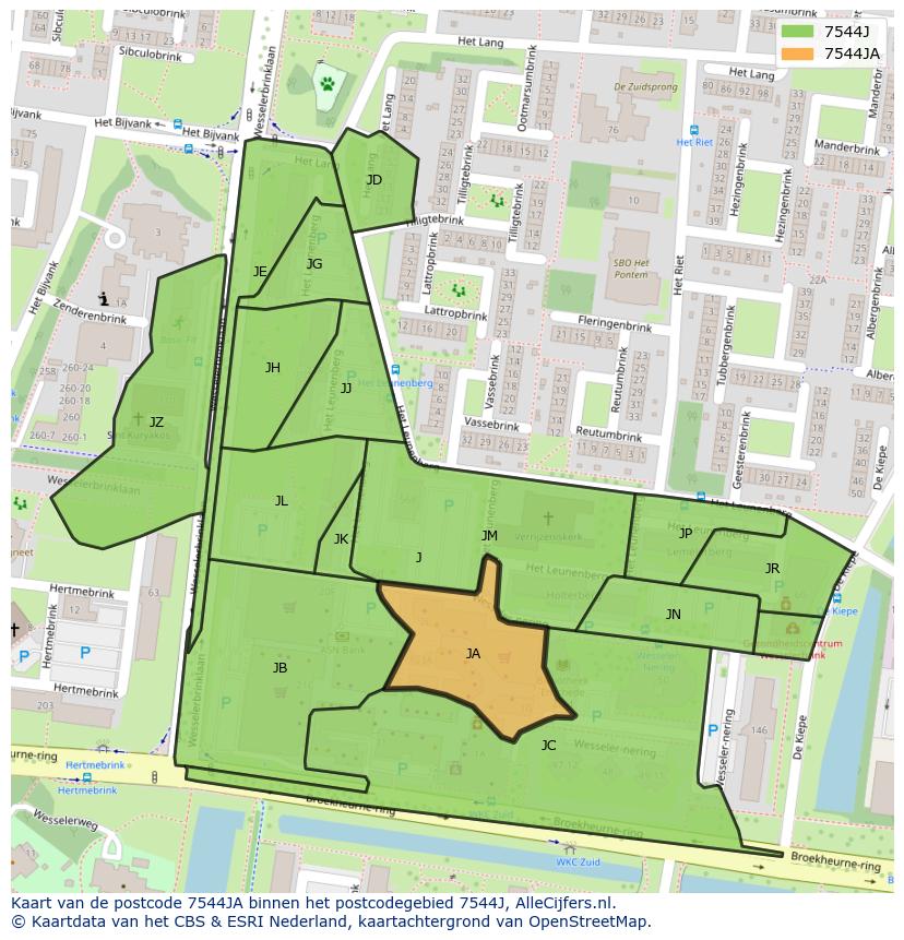 Afbeelding van het postcodegebied 7544 JA op de kaart.