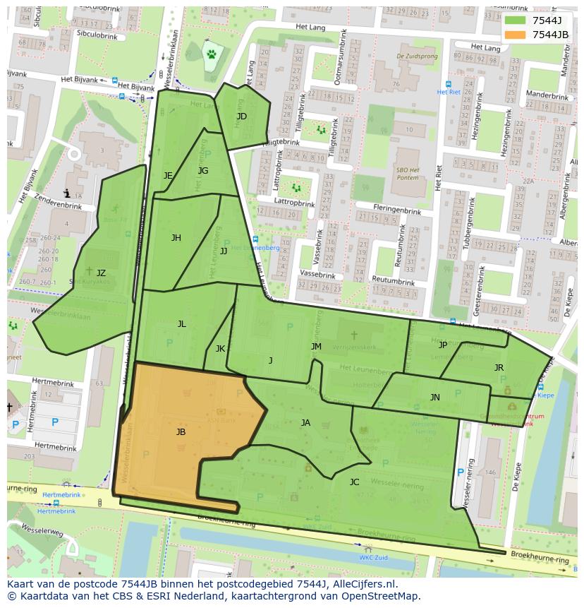 Afbeelding van het postcodegebied 7544 JB op de kaart.