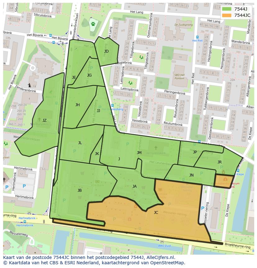 Afbeelding van het postcodegebied 7544 JC op de kaart.