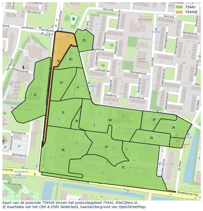 Afbeelding van het postcodegebied 7544 JE op de kaart.