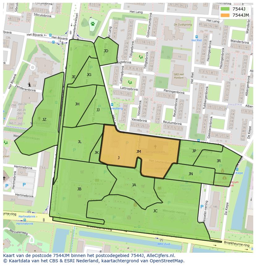 Afbeelding van het postcodegebied 7544 JM op de kaart.