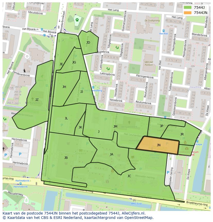 Afbeelding van het postcodegebied 7544 JN op de kaart.