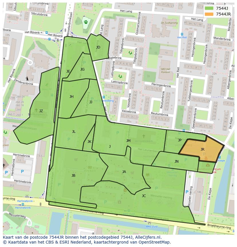 Afbeelding van het postcodegebied 7544 JR op de kaart.