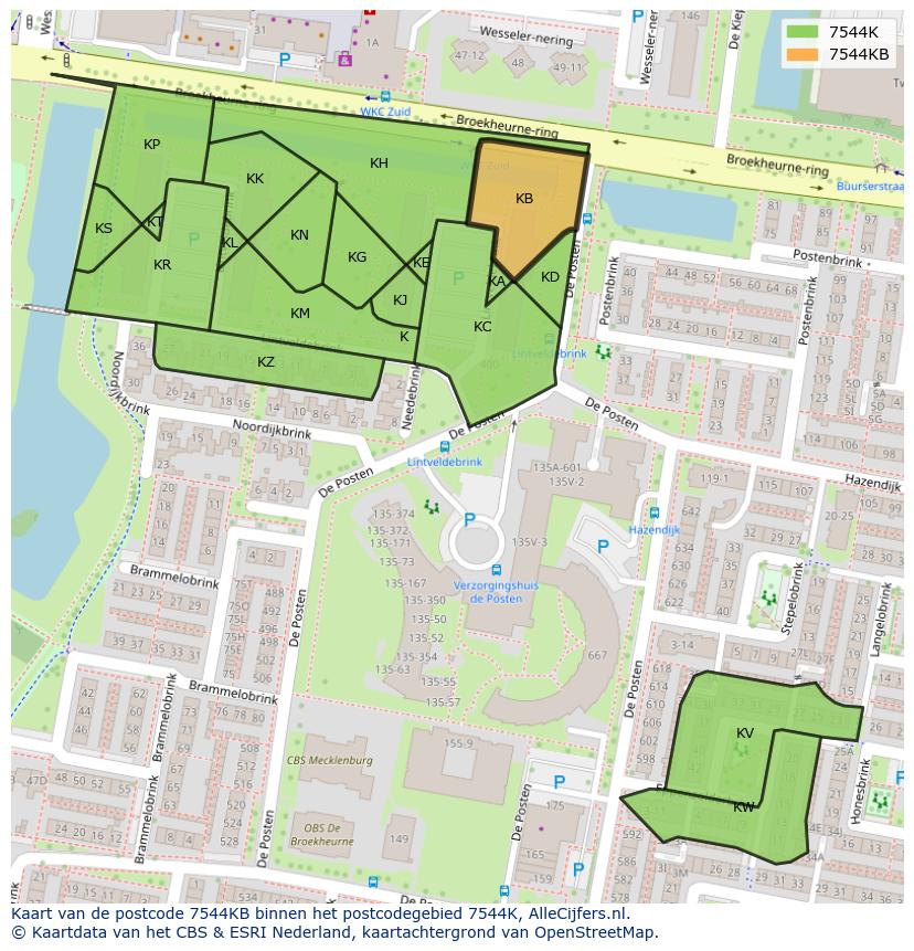 Afbeelding van het postcodegebied 7544 KB op de kaart.