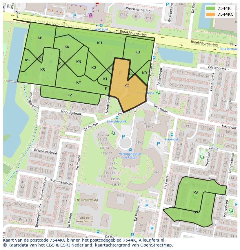 Afbeelding van het postcodegebied 7544 KC op de kaart.