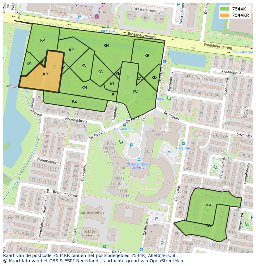 Afbeelding van het postcodegebied 7544 KR op de kaart.