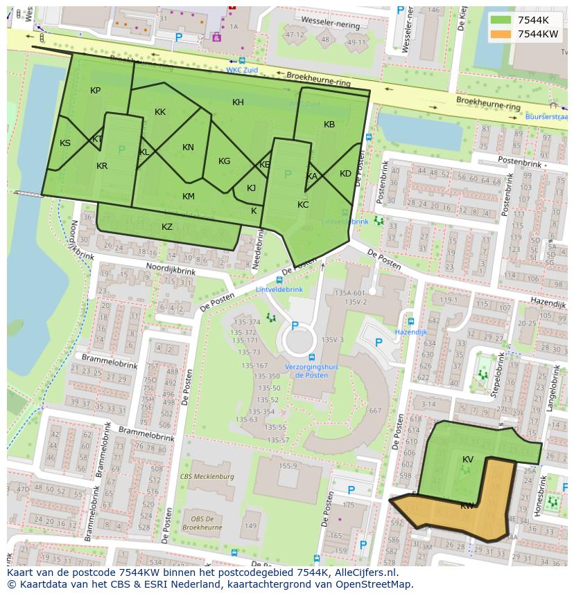 Afbeelding van het postcodegebied 7544 KW op de kaart.