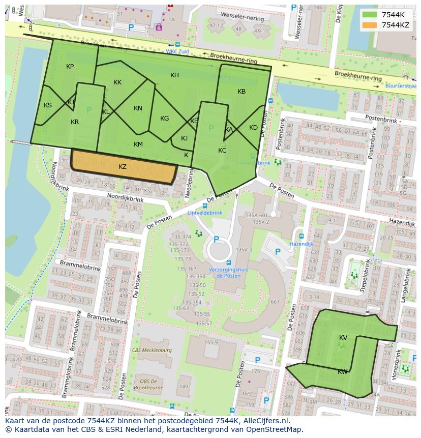 Afbeelding van het postcodegebied 7544 KZ op de kaart.
