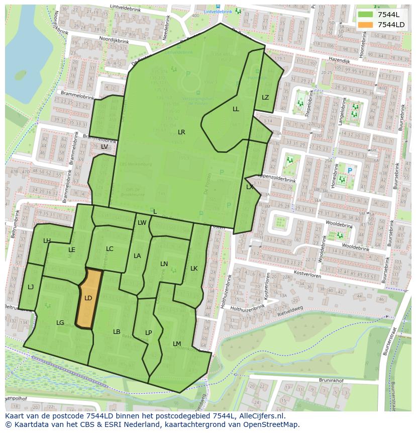 Afbeelding van het postcodegebied 7544 LD op de kaart.