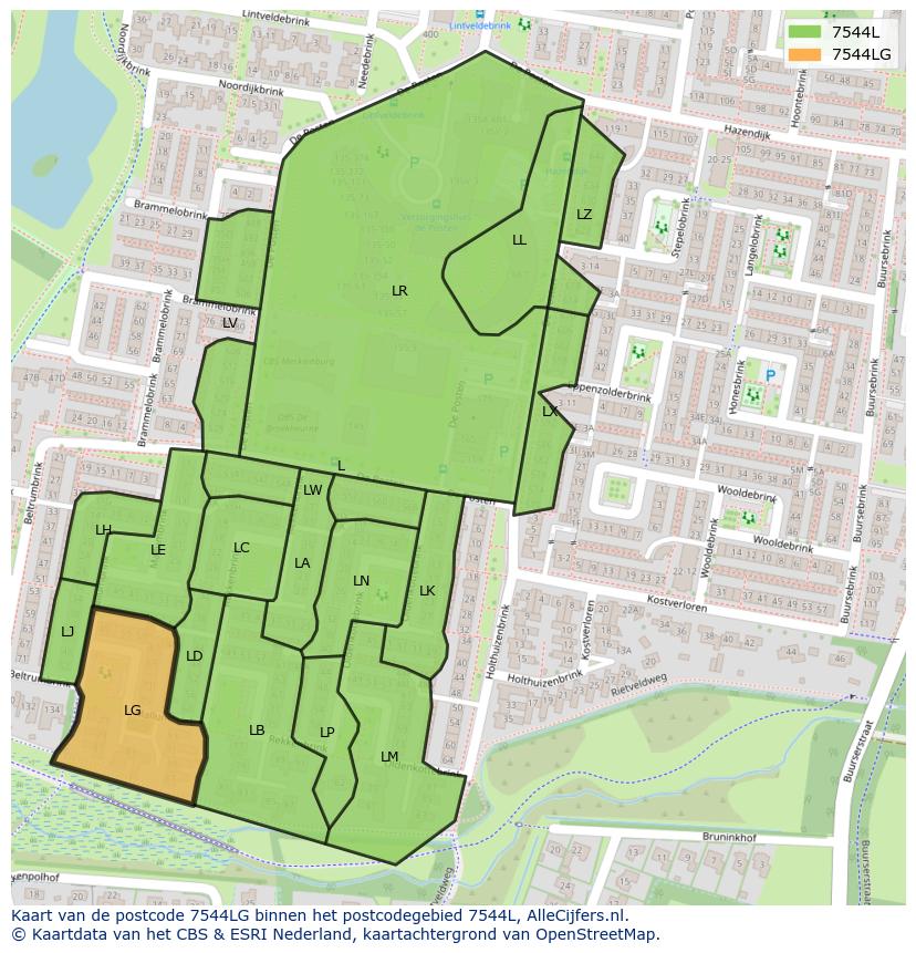 Afbeelding van het postcodegebied 7544 LG op de kaart.