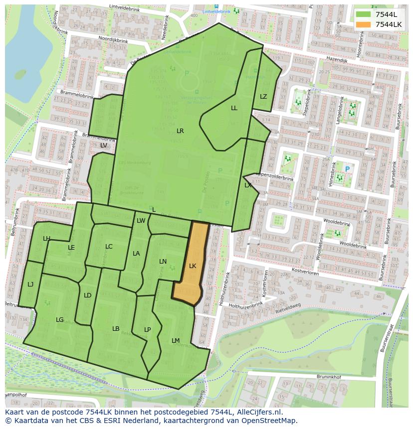 Afbeelding van het postcodegebied 7544 LK op de kaart.