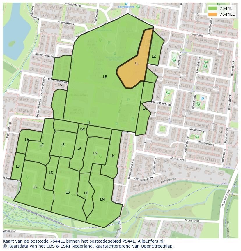 Afbeelding van het postcodegebied 7544 LL op de kaart.