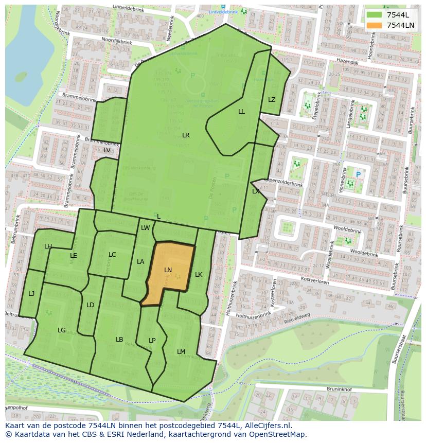 Afbeelding van het postcodegebied 7544 LN op de kaart.