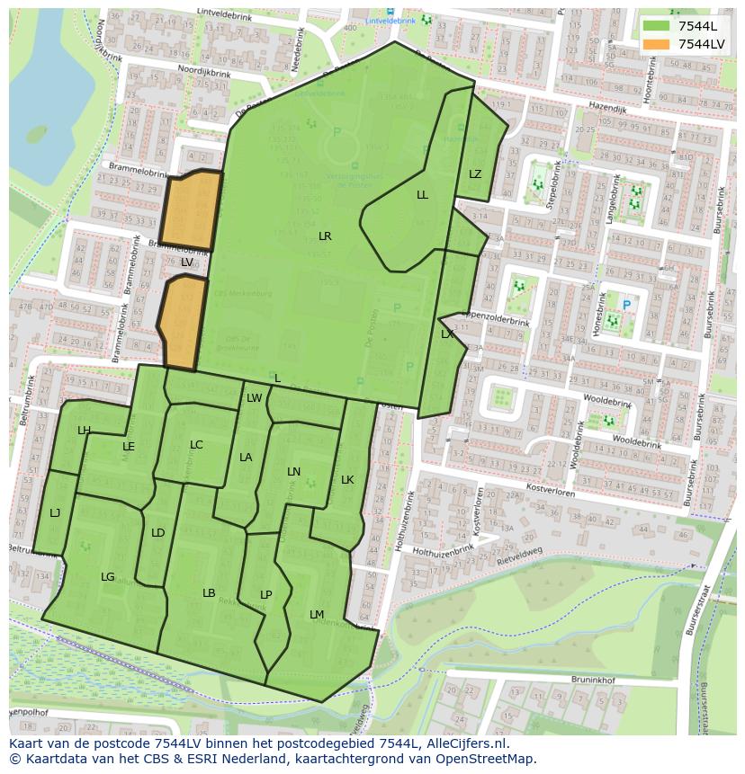 Afbeelding van het postcodegebied 7544 LV op de kaart.