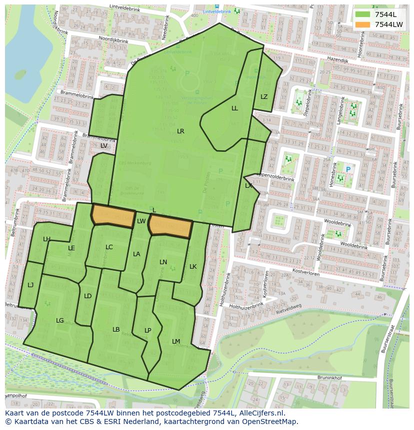 Afbeelding van het postcodegebied 7544 LW op de kaart.