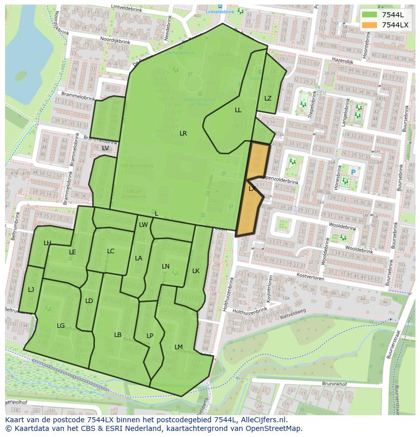 Afbeelding van het postcodegebied 7544 LX op de kaart.