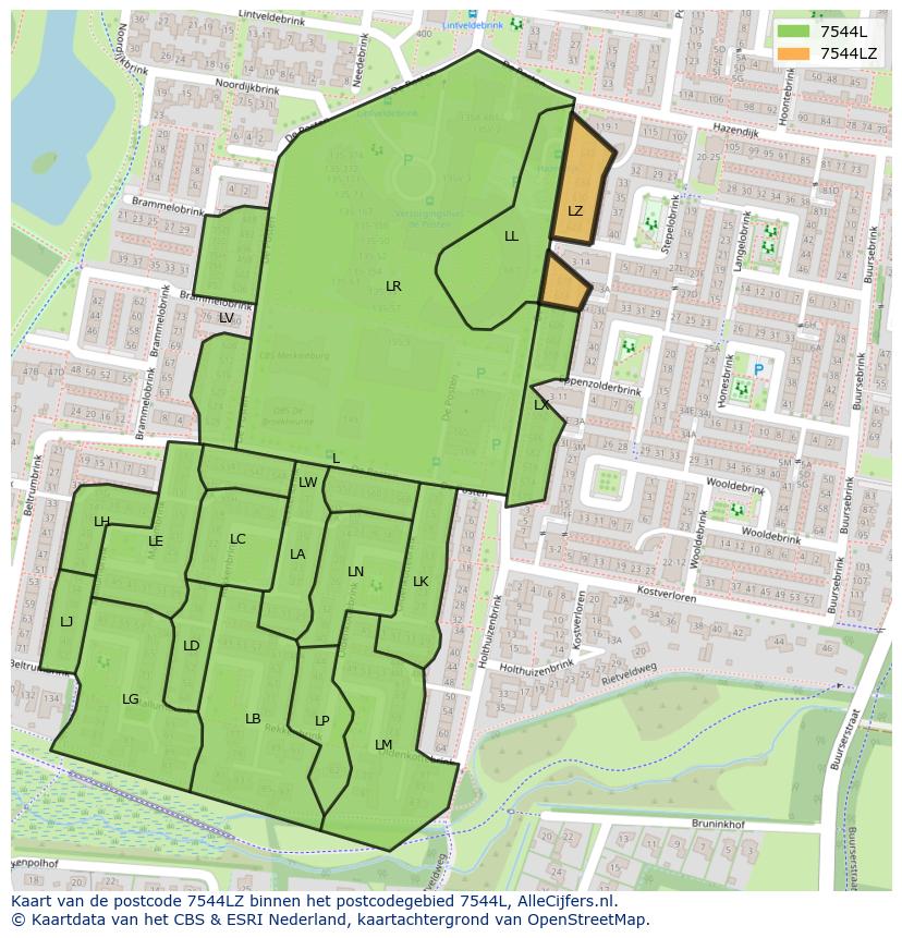Afbeelding van het postcodegebied 7544 LZ op de kaart.