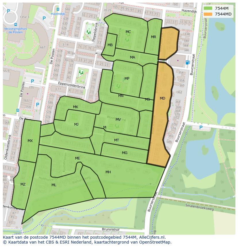 Afbeelding van het postcodegebied 7544 MD op de kaart.