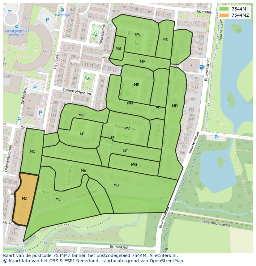 Afbeelding van het postcodegebied 7544 MZ op de kaart.