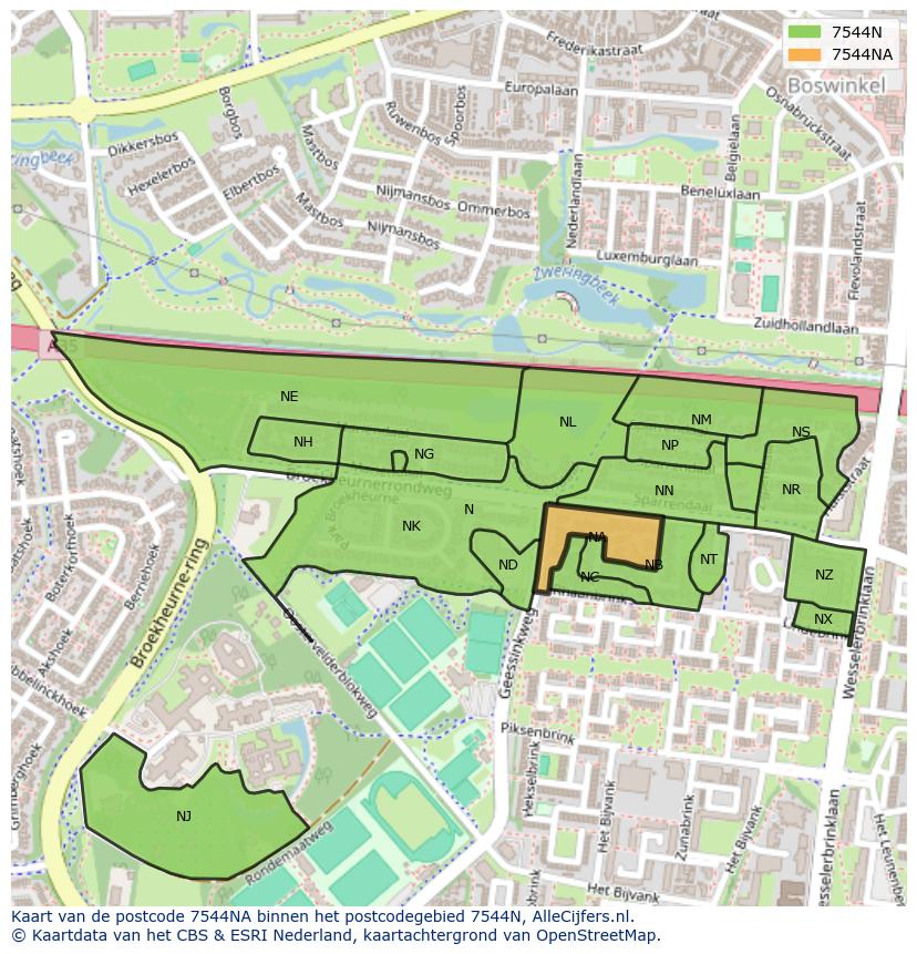 Afbeelding van het postcodegebied 7544 NA op de kaart.