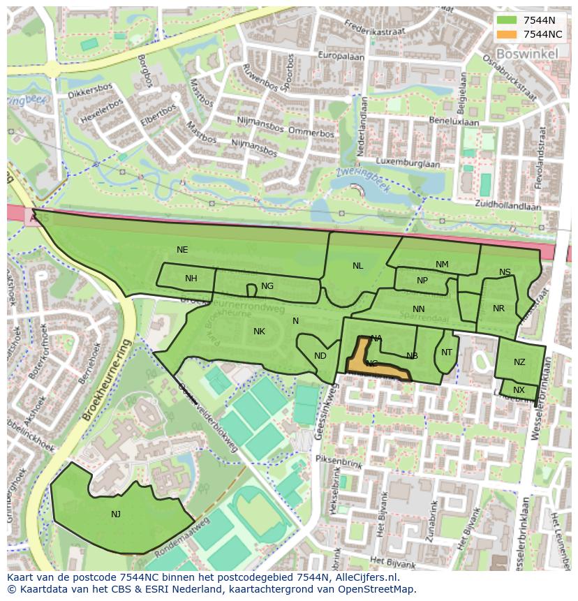 Afbeelding van het postcodegebied 7544 NC op de kaart.