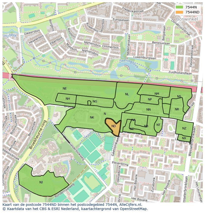 Afbeelding van het postcodegebied 7544 ND op de kaart.