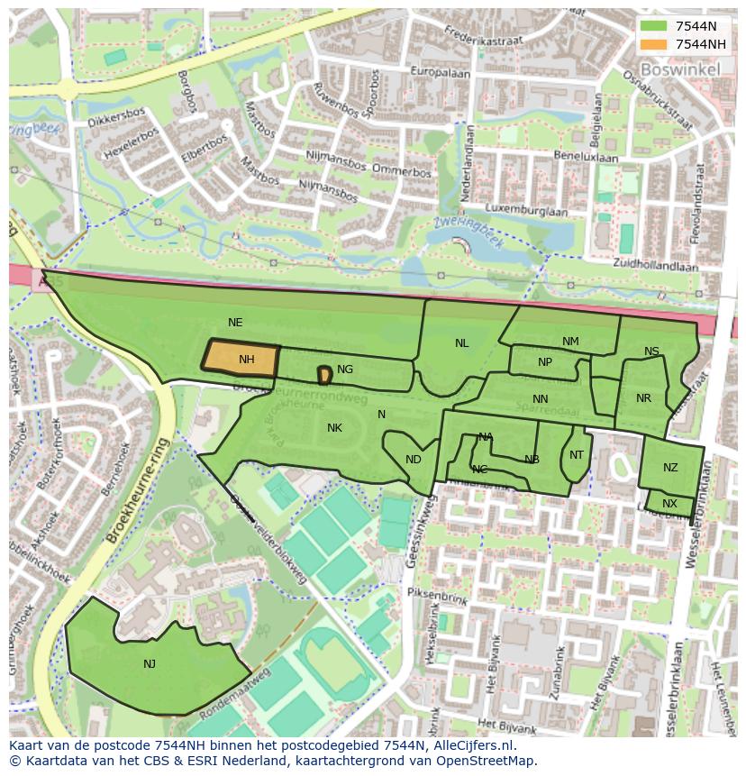 Afbeelding van het postcodegebied 7544 NH op de kaart.
