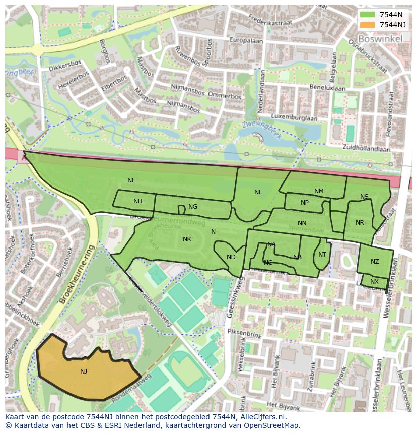 Afbeelding van het postcodegebied 7544 NJ op de kaart.