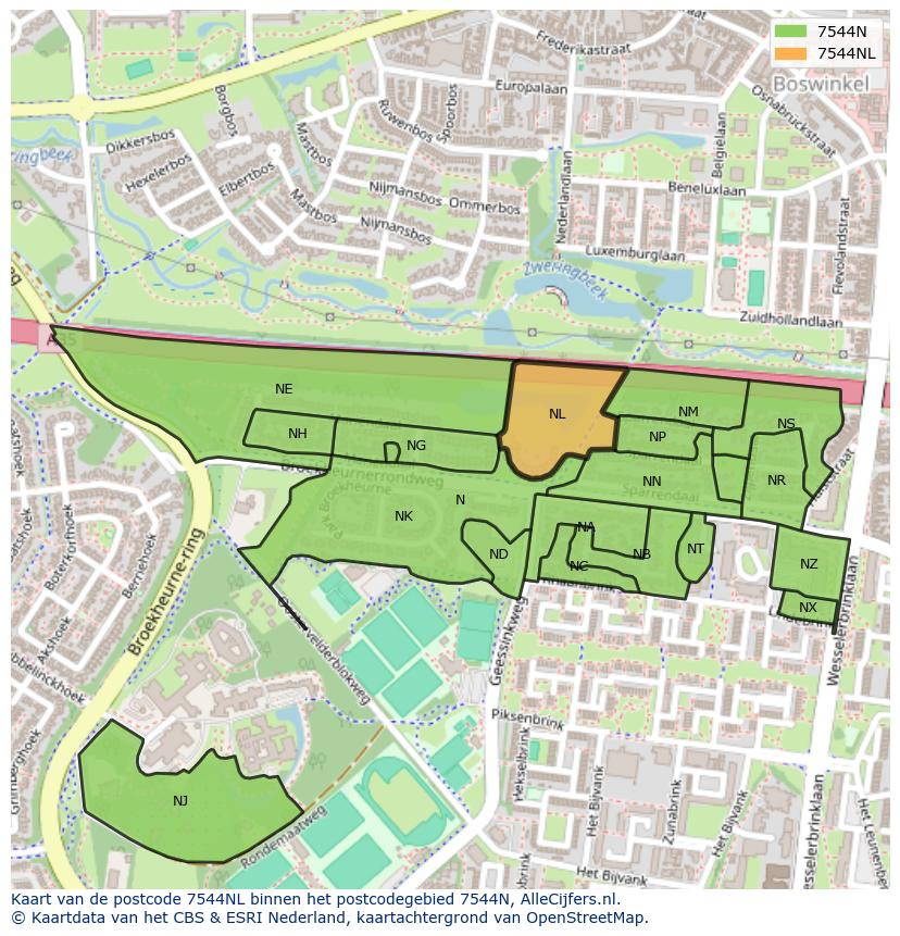 Afbeelding van het postcodegebied 7544 NL op de kaart.