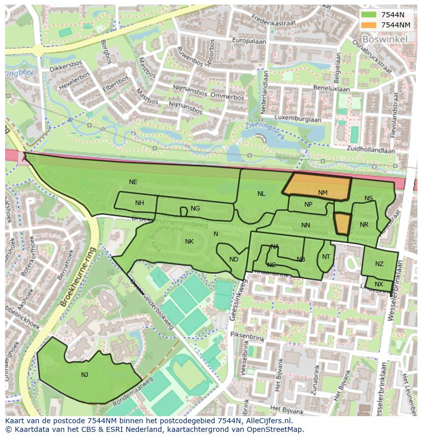 Afbeelding van het postcodegebied 7544 NM op de kaart.