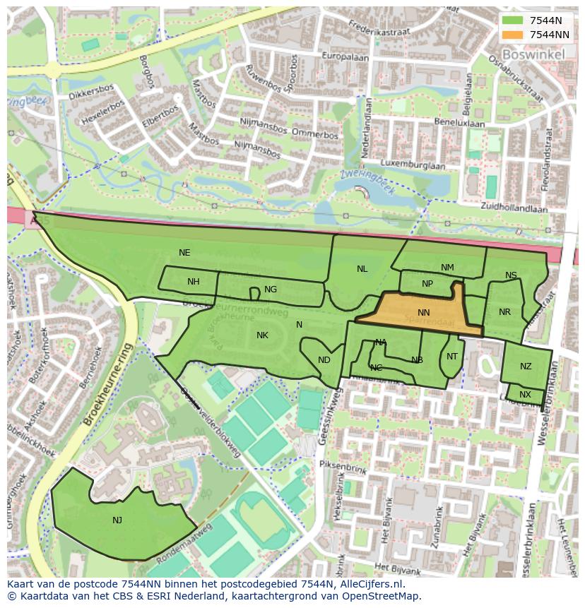Afbeelding van het postcodegebied 7544 NN op de kaart.