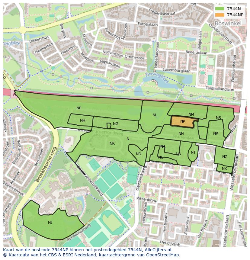 Afbeelding van het postcodegebied 7544 NP op de kaart.