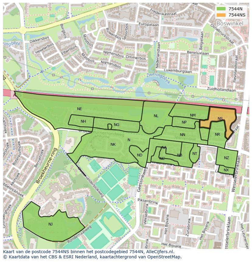 Afbeelding van het postcodegebied 7544 NS op de kaart.
