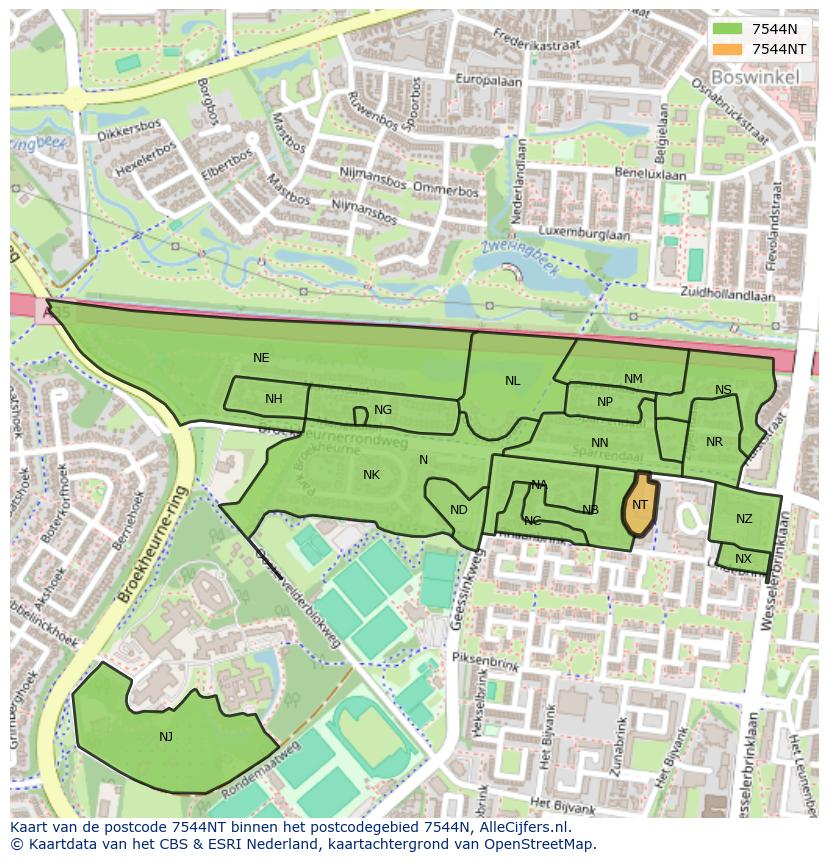 Afbeelding van het postcodegebied 7544 NT op de kaart.