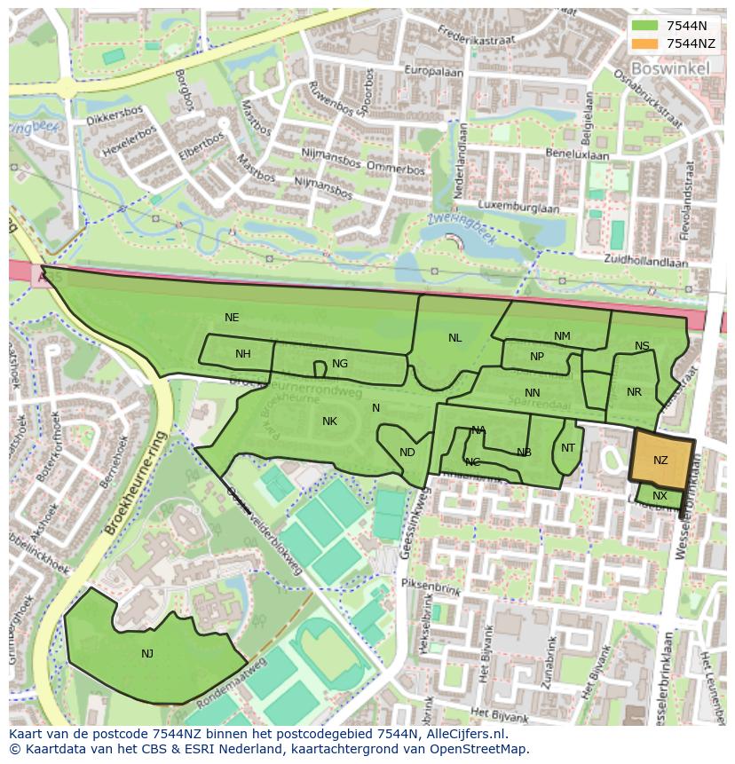 Afbeelding van het postcodegebied 7544 NZ op de kaart.