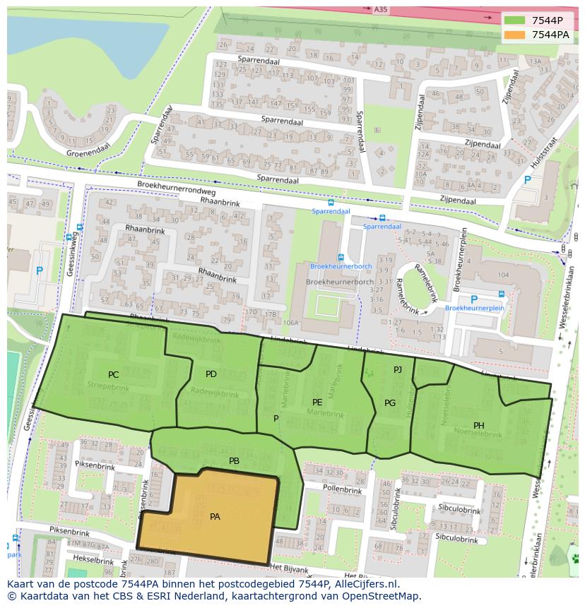 Afbeelding van het postcodegebied 7544 PA op de kaart.
