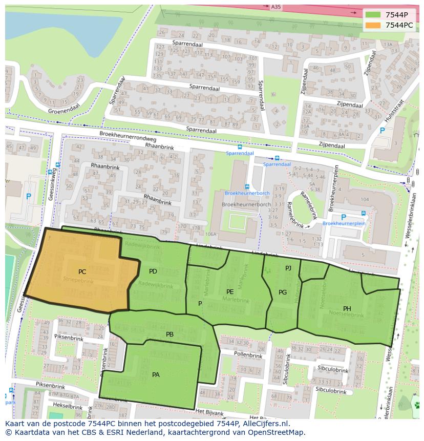 Afbeelding van het postcodegebied 7544 PC op de kaart.
