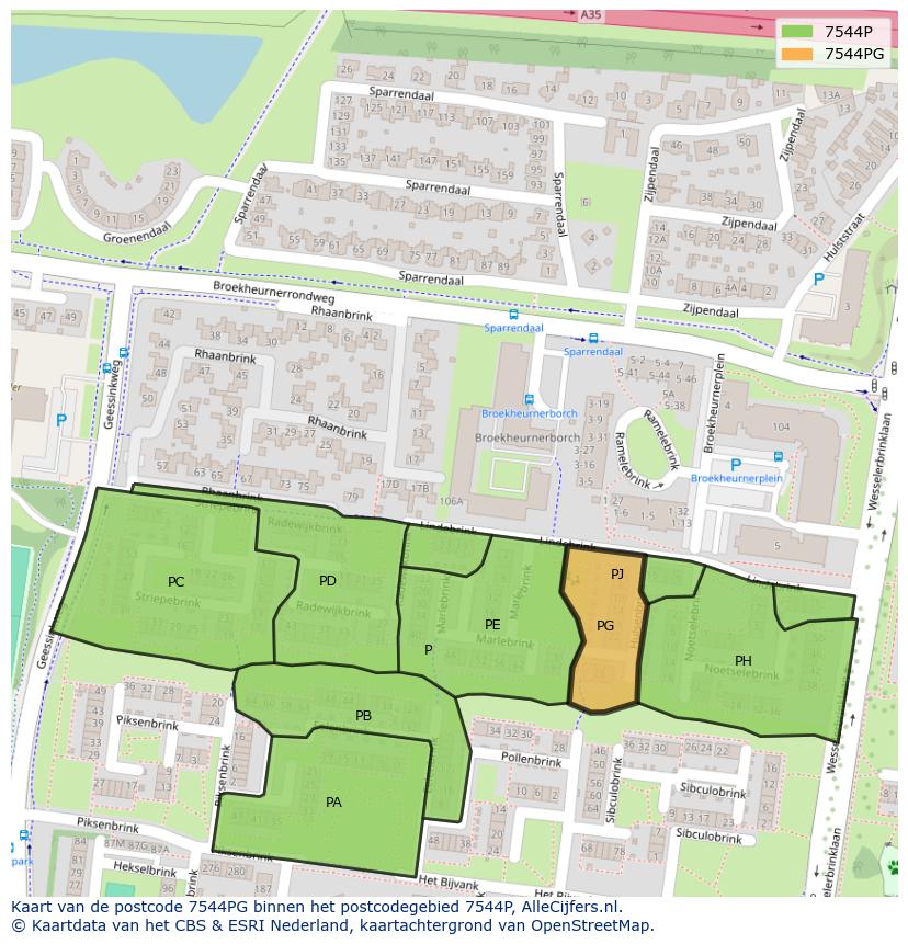 Afbeelding van het postcodegebied 7544 PG op de kaart.