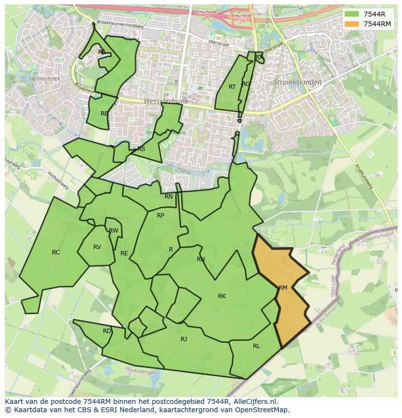 Afbeelding van het postcodegebied 7544 RM op de kaart.